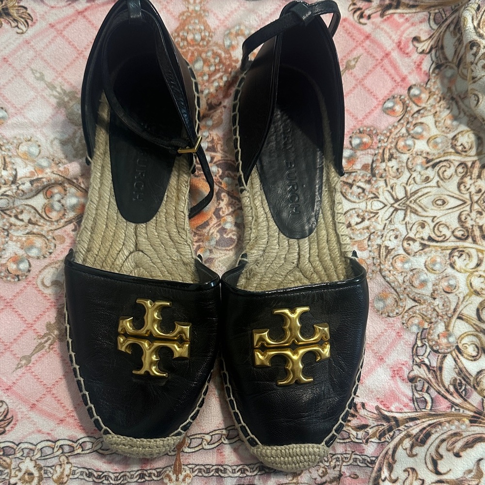 Tory Burch Black and Gold Espadrilles